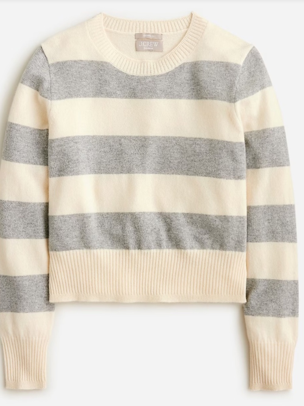 J.CREW Cashmere Shrunken Crewneck Sweater in Rugby Stripe Hthr Gray/Snow Medium